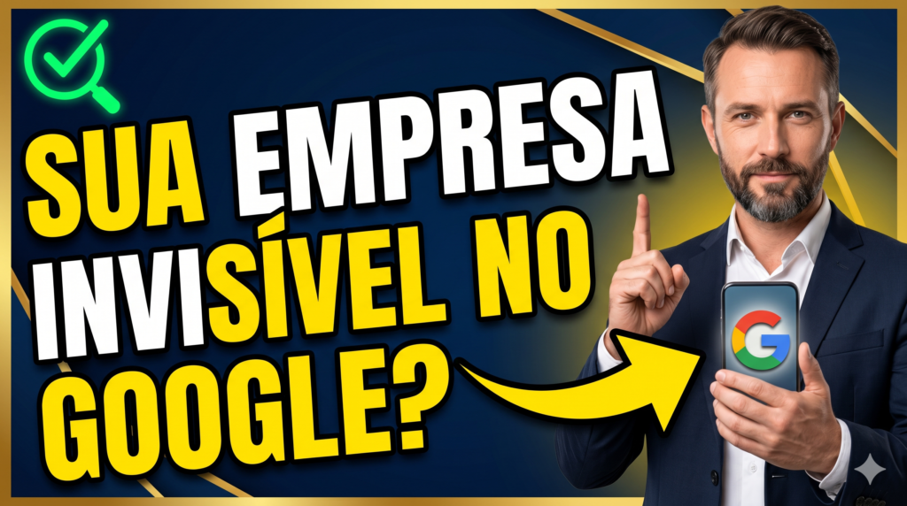 Empresário apontando para smartphone com o logo do Google em fundo azul e dourado com o texto "Sua Empresa no Topo do Google
