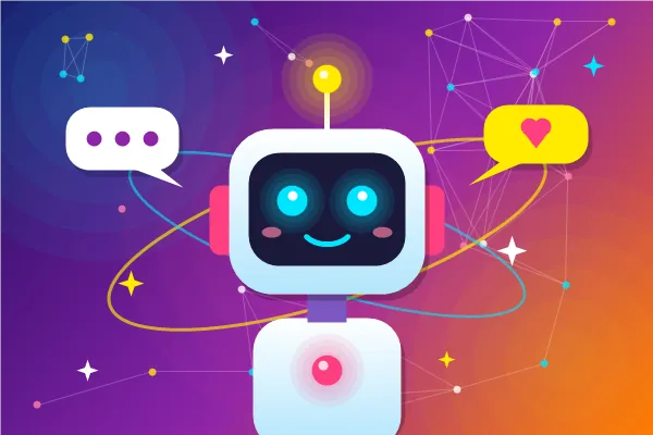 Ilustração colorida de um robô sorridente com rede neural e balões de conversa, representando a inteligência artificial
